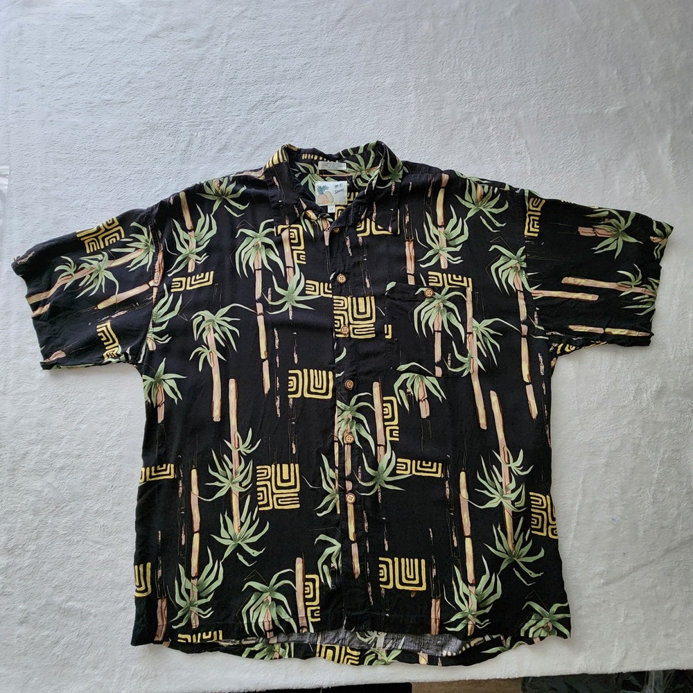 Bamboo Print Hawaiian Shirt Mens 2X Black Palm Tree Tropical Aloha Vacation Trip